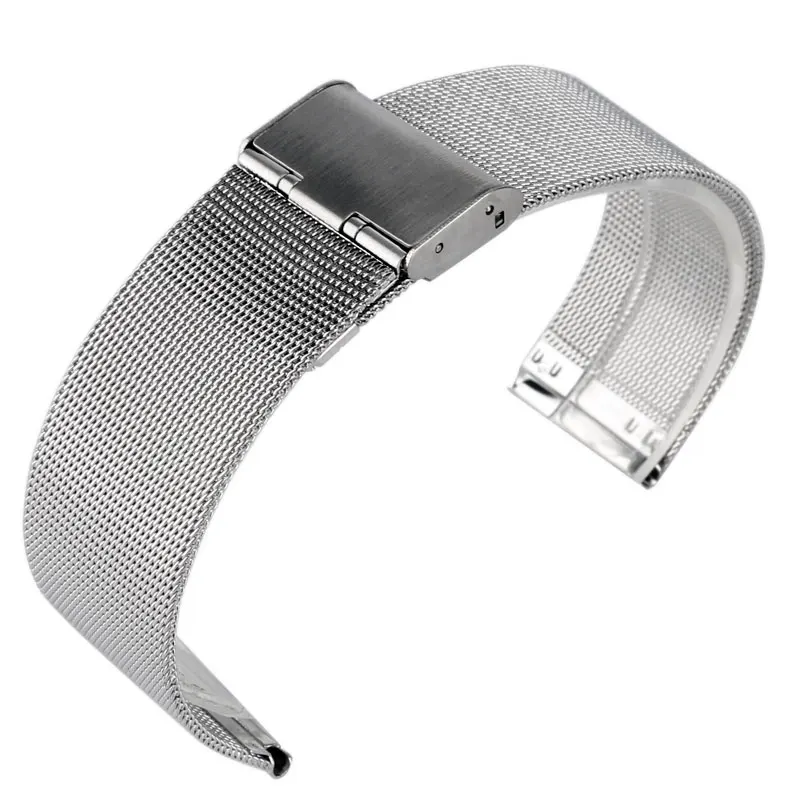 

20mm Silver Stainless Steel Mesh Bracelet Hook Buckle Wrist Band Watch Strap Replacement Solid Link Men Watchband+2 Spring Bars