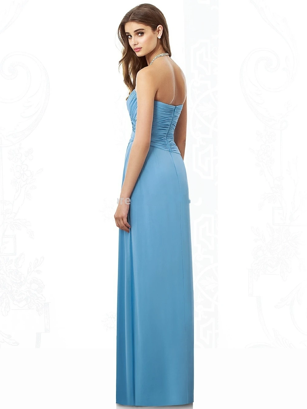 

Custom Made 2017 New Design Strapless Blue Satin Bridesmaid Dresses Sleeveless Pleats Bare Back Floor Length Prom Gowns WE012