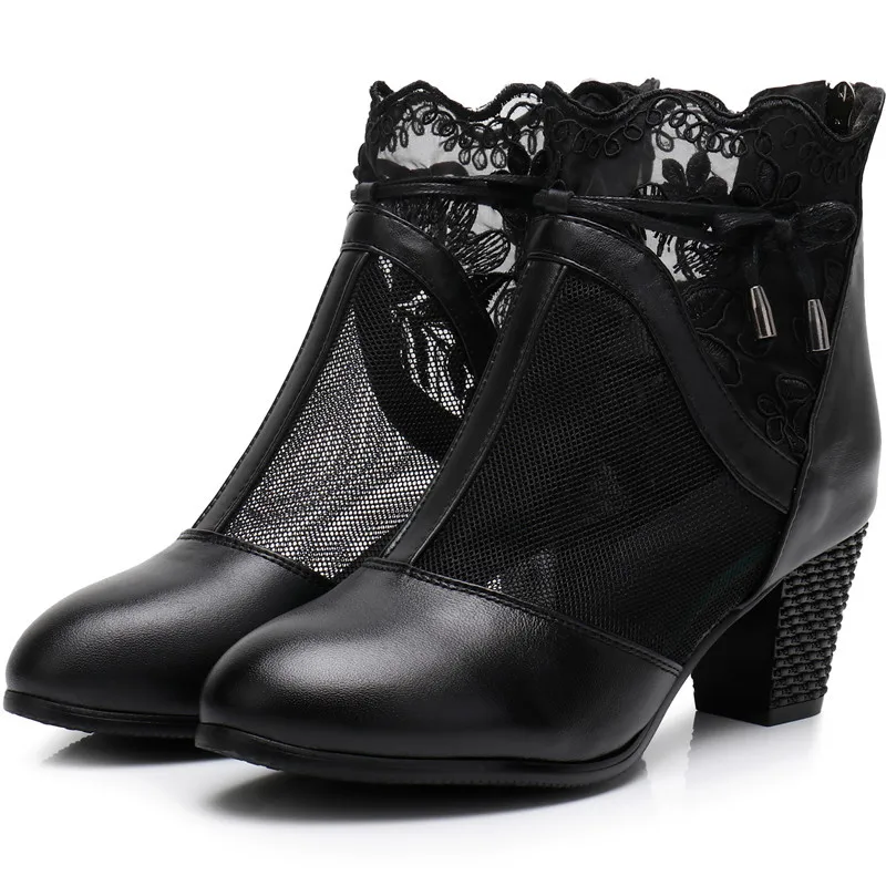 

Size 34-40 Genuine Leather 6cm Thick Heel Shoes Spring Autumn Women Black Ankle Boots High Heel Mesh Lace Women-shoes
