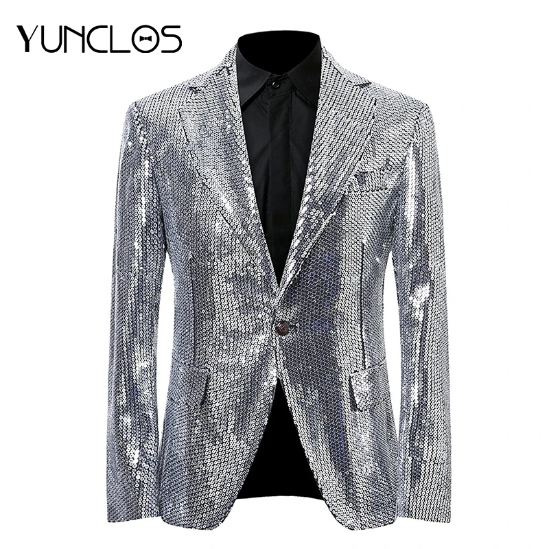 YUNCLOS модный мужской костюм куртка одноцветная серебряная с блестками Masculino