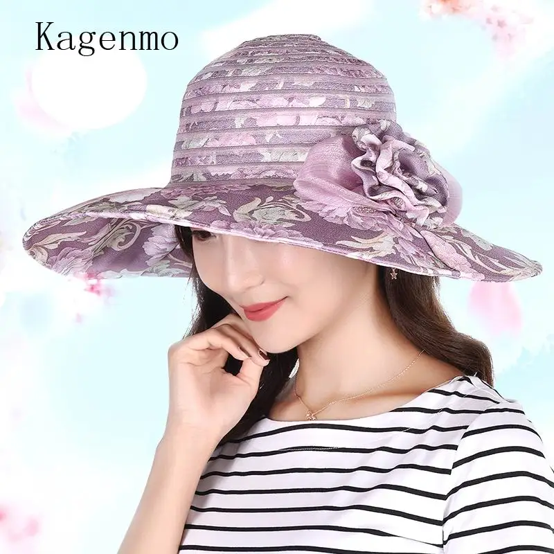 

Kagenmo Lady Wide Brim Sun Hat Women Fashion Party Church Cap Big Flowers Beach Sun Hats Fashion Female Sunbonnet