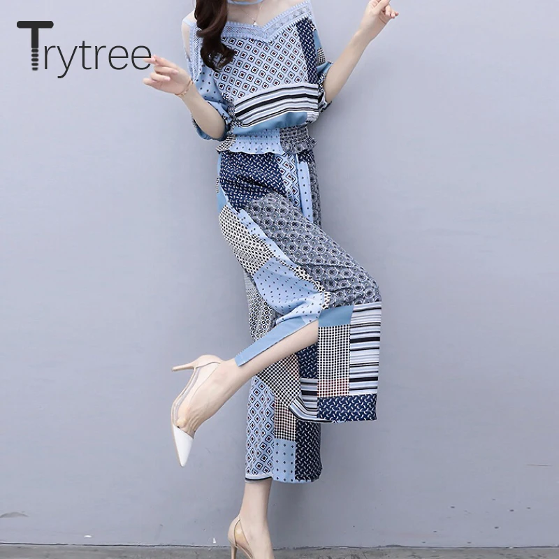Trytree/весенне летний женский костюм из двух предметов повседневные богемные Топы +