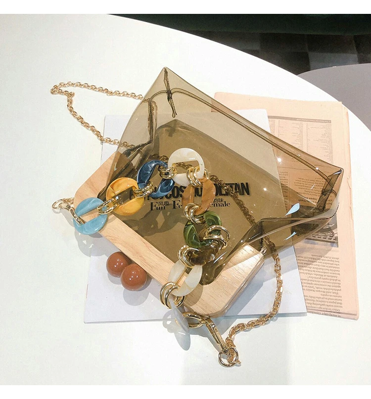 Wood Clip PVC Clear Jelly Handbag Woman New Designer Korean Acrylic Chain Transparent Jelly Shoulder Bag Clutch Female