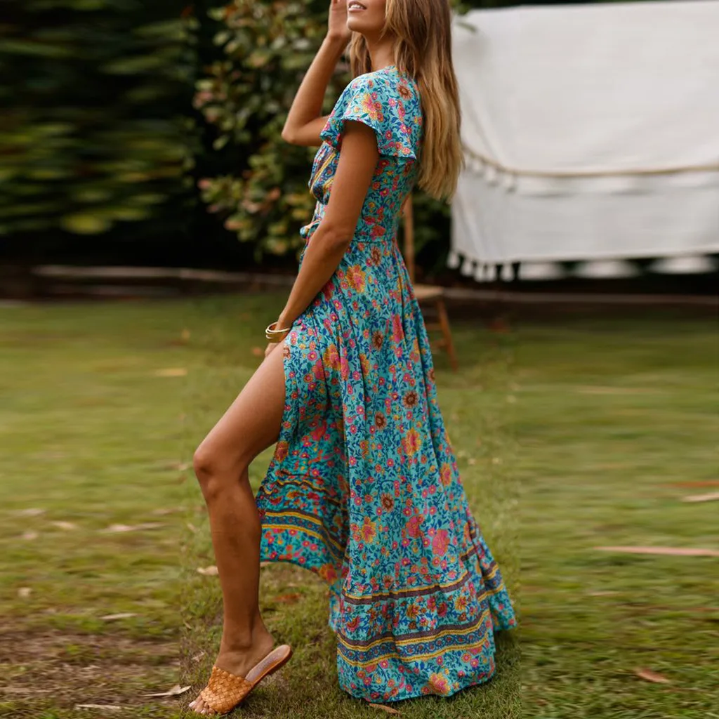 Женское Платье длинное Пляжное с треугольным вырезом и цветочным