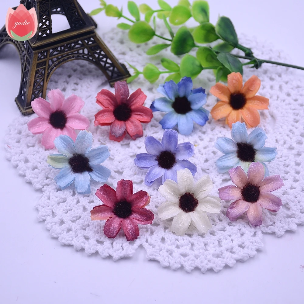 

50pcs Silk Artificial Shiny Daisy Flower Head For Wedding Home Decoration DIY Scrapbooking Chrysanthemum Accessories Fake Flower