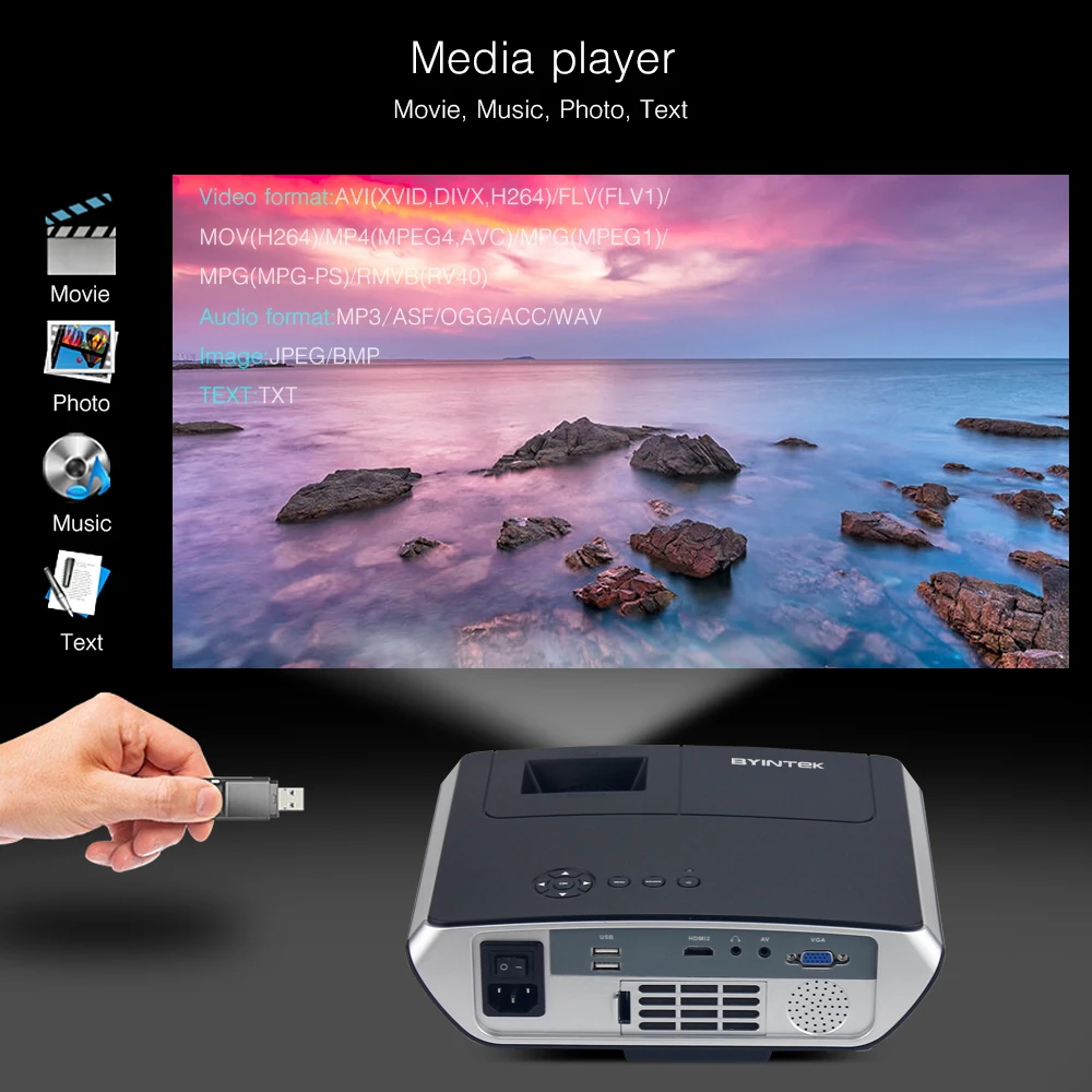 BYINTEK бренд BL126 150 дюйма HDMI USB ЖК мультимедиа цифрового дома Театр HD видео с