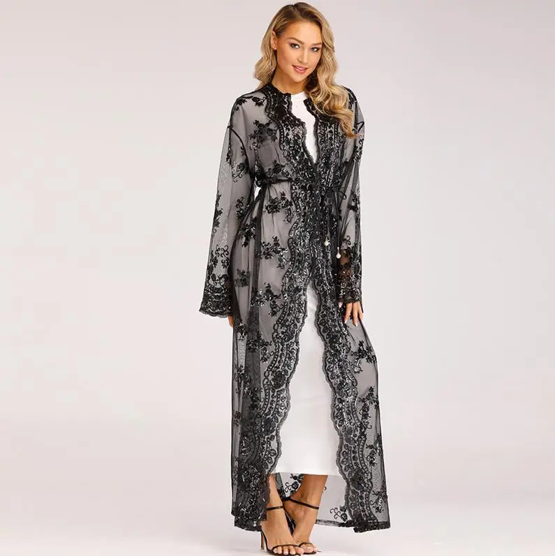 Black cardigan Длинное Кимоно размера плюс, Mujer,, сексуальное, Дубай, Абая, мусульманское, для женщин, вышивка, шифон, сетка, кардиган, блузка, Roupas, женская одежда - Цвет: Black cardigan