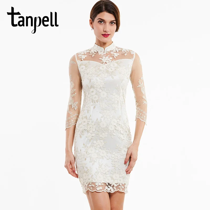 ivory Tanpell коктейльное платье с высоким воротом цвета слоновой кости с аппликацией, кружевное прямое платье длиной до колена, женские вечерние короткие коктейльные платья с рукавами 3/4 - Цвет: ivory