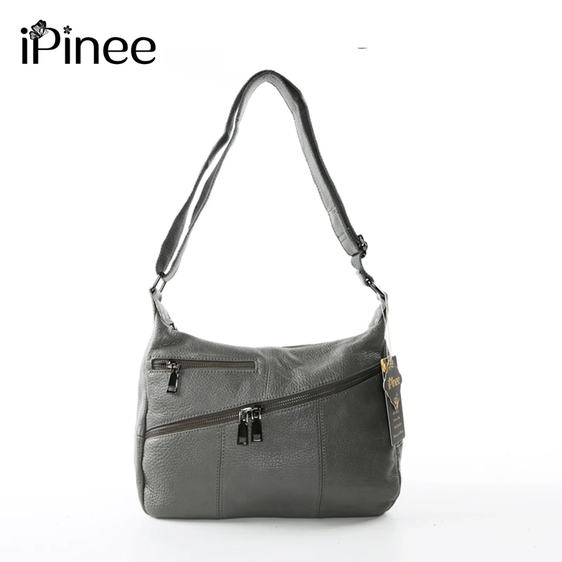

iPinee Ladies Fashion Tote Genuine Leathe Handbags Double Zipper Bags Black/Grey Female Messenger Crossbody Fashion Purse