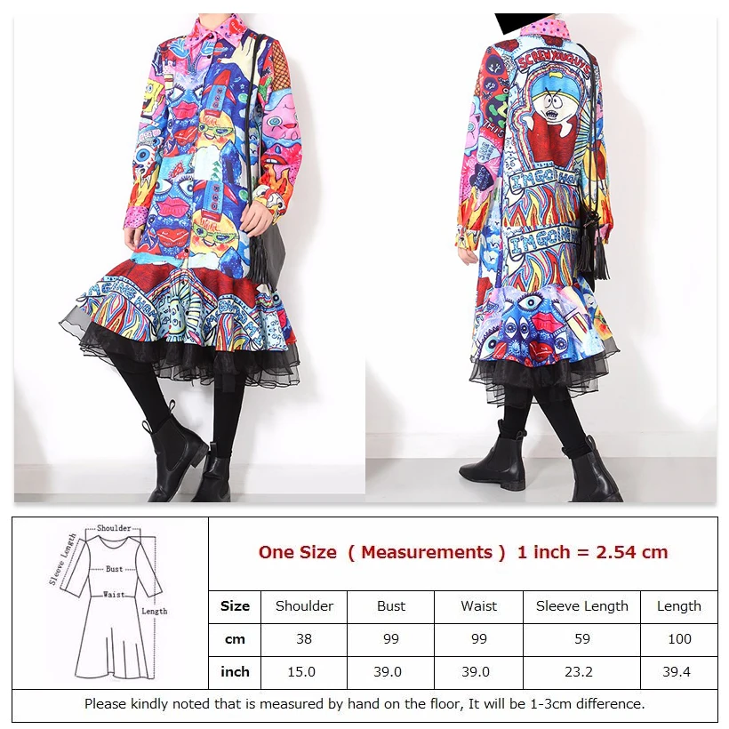 New 2018 Women Colorful Flare Shirt Dress Long Sleeve Trumpet Bottoms Cartoon Multicolor Printed Boho Chic Midi 1945 |