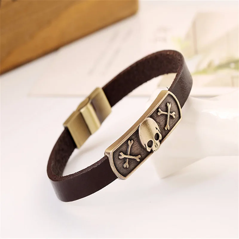 New Arrival Brown Leather Bone Skull Bracelets Zinc Alloy Skeleton Wrist Band for Fashion Male Female Viking Pirates Jewelry | Украшения и
