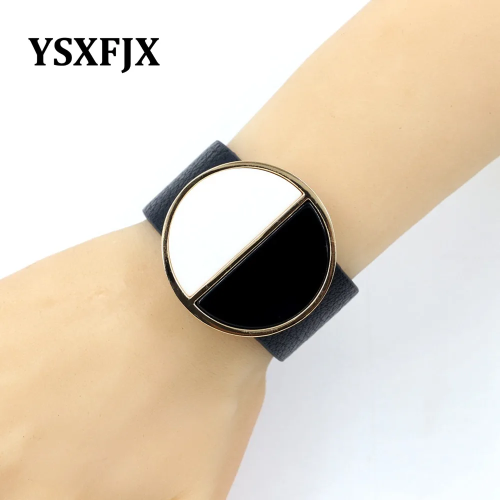 YSXFJX Exaggerated big wild personality geometric wide bracelet black and white leather fashion female | Украшения и аксессуары
