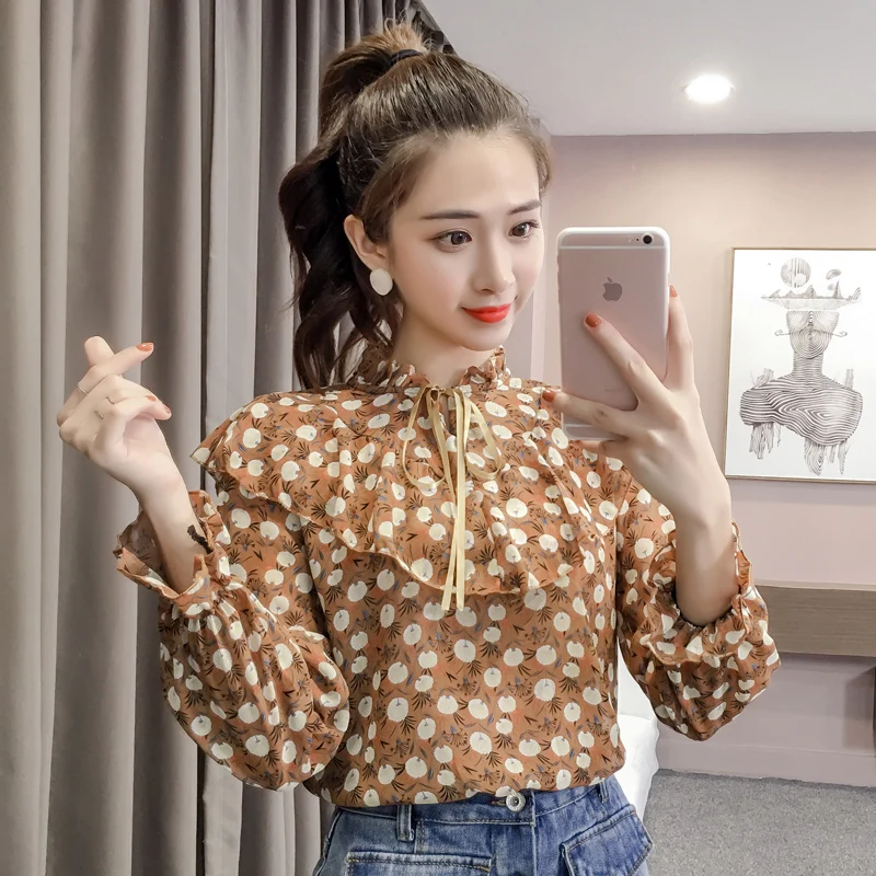 Женская шифоновая блузка с длинным рукавом-фонариком и цветочным принтом |