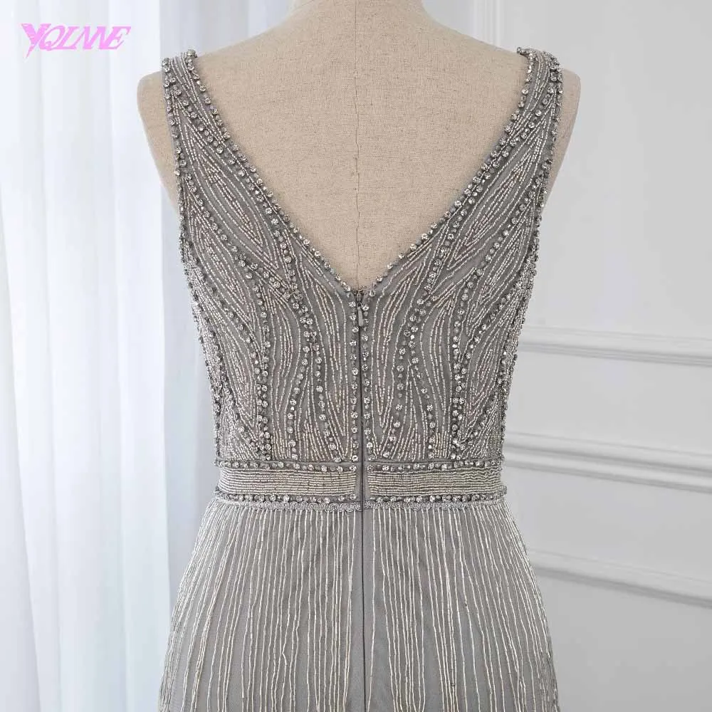 

Luxury Sliver Rhinestones Evening Dresses Long Deep V-neck Mermaid Formal Gown Sleeveless YQLNNE
