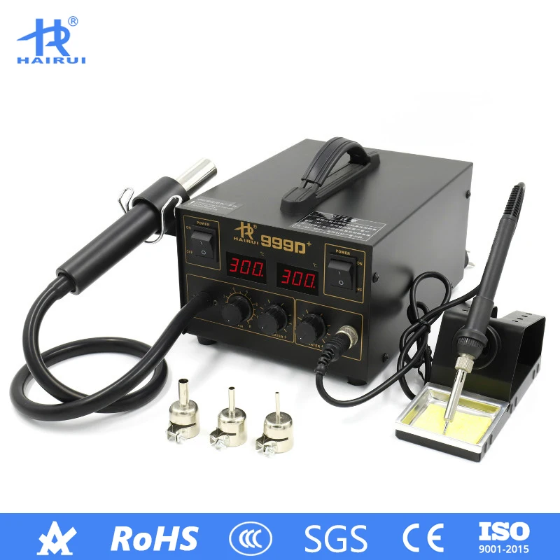 HAIRUI 999D+ светодиодный цифровой паяльник 2 в 1 паяльная станция горячего воздуха