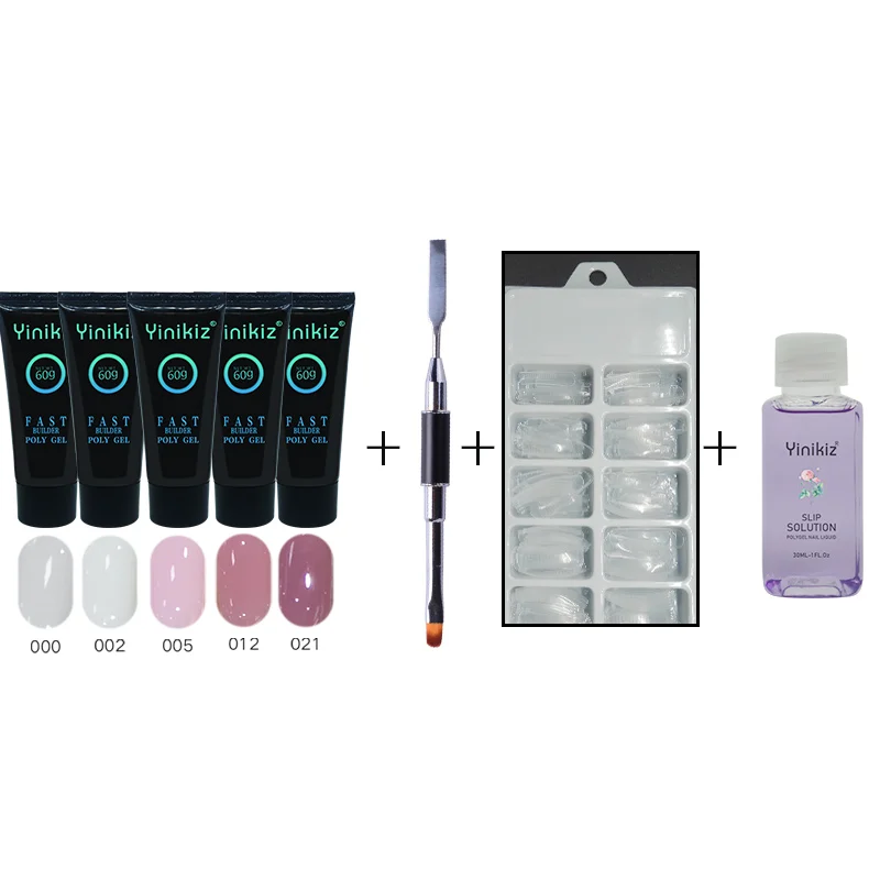 A Set Yinikiz, 5 цветов, 60 г, 8 шт., набор из полигеля, двойная функция, кисть для ногтей, форма для ногтей, модель для ногтей, жидкое решение для выскальзывания, УФ, быстрый набор гелей - Цвет: A Set