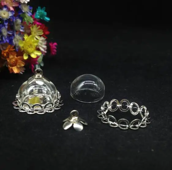 100 наборов 15 мм Стеклянная купольная бронза покрытая двойным кружевом основа