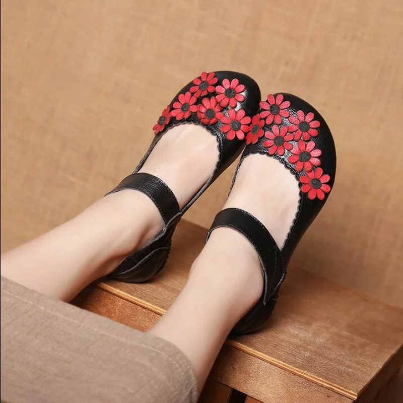 RUSHIMAN 2021 Spring New Handmade Genuine Leather Single Shoes Soft Casual  Yellow Shoes Women Flats Mother Shoes Size 35-40