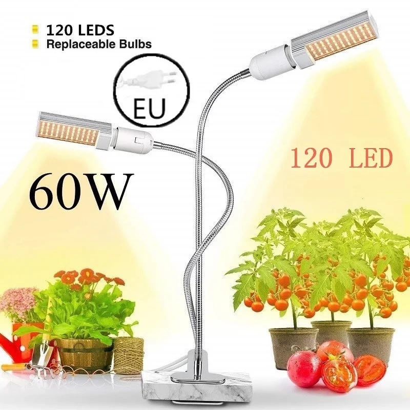 60W with EU Plug Светодиодный светильник для выращивания растений, солнечный свет, полный спектр, 45 Вт, 50 Вт, 60 Вт, E27, с двойной головкой, гибкая лампа для теплицы, цветок, Фито, лампа EU/US - Испускаемый цвет: 60W with EU Plug
