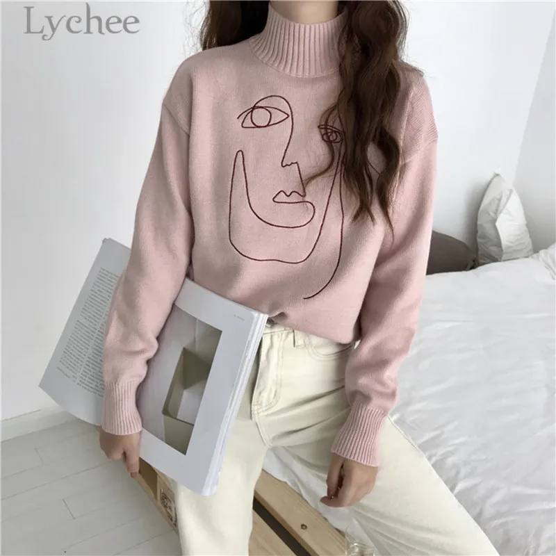 Lychee осень зима геометрический рисунок лица Вышивка женский свитер макет шеи с длинным рукавом мягкий Сплит пуловер свитер женский