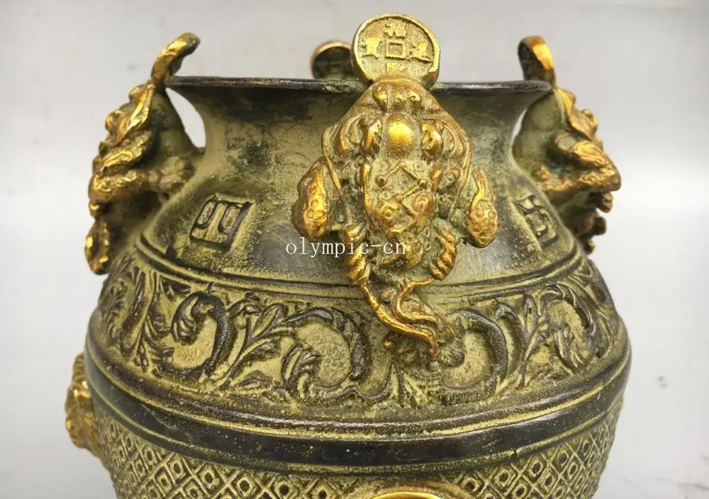 7 дюймов бронзовая Медь Золотая резная Лев жаба лягушка богатство горшок чашки