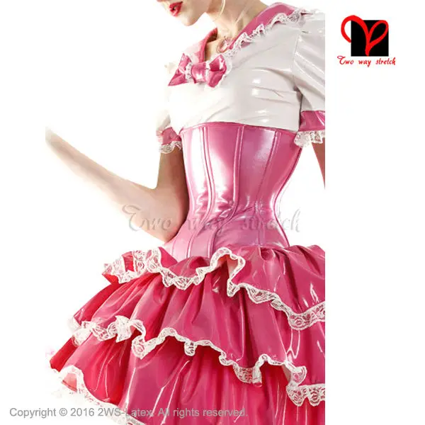 white and sharp pink Сексуальное латексное платье с рукавом-фонариком, резиновый комбинезон, комплекты для Лолиты с пуговицами спереди, QZ-074 - Цвет: white and sharp pink