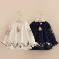 2021 spring autumn 2 10 years cotton navy blue white long flare trumpet sleeve embroidery baby kids girls tassels blouses shirt