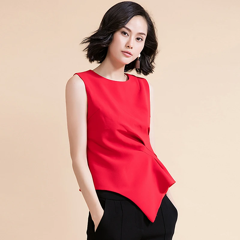 Tank Tops Women Asymmetrical Fold Design 100% Polyester O Neck Sleeveless Novelty Style Solid 3 Colors Vest Summer Fashion 2018