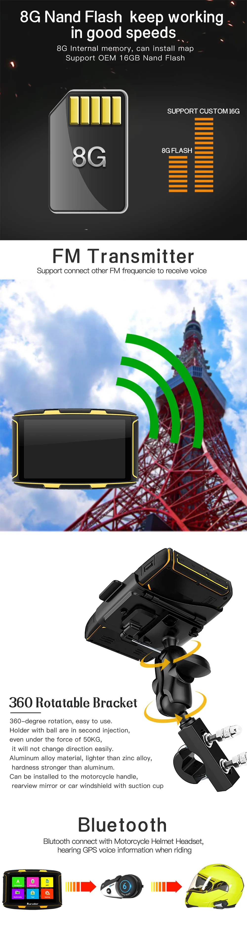 KARADAR Водонепроницаемый IPX6 Автомобильный gps навигатор 1 г ram Bluetooth 4,0 wifi ips 854*480 экран Android 4.4.3 загружен google APP