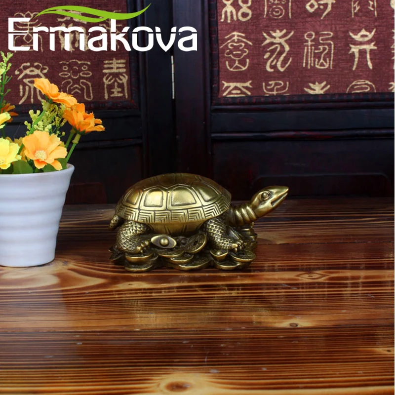 

ERMAKOVA 13CM(5.1")Antique Brass Mini Tortoise Figurine Turtle Statue Feng Shui Animal Sculpture Home Office Ornaments Decor