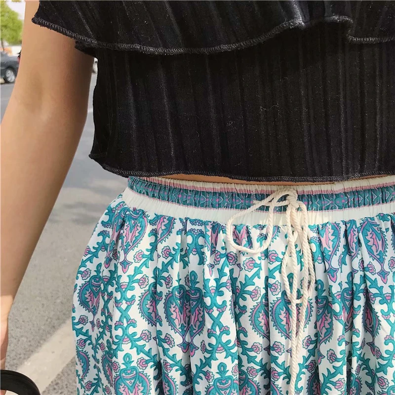 Boho шикарная Женская пляжная юбка хиппи с зеленым цветочным принтом, богемная юбка с высокой эластичной талией из вискозы, трапециевидная юбка миди для женщин