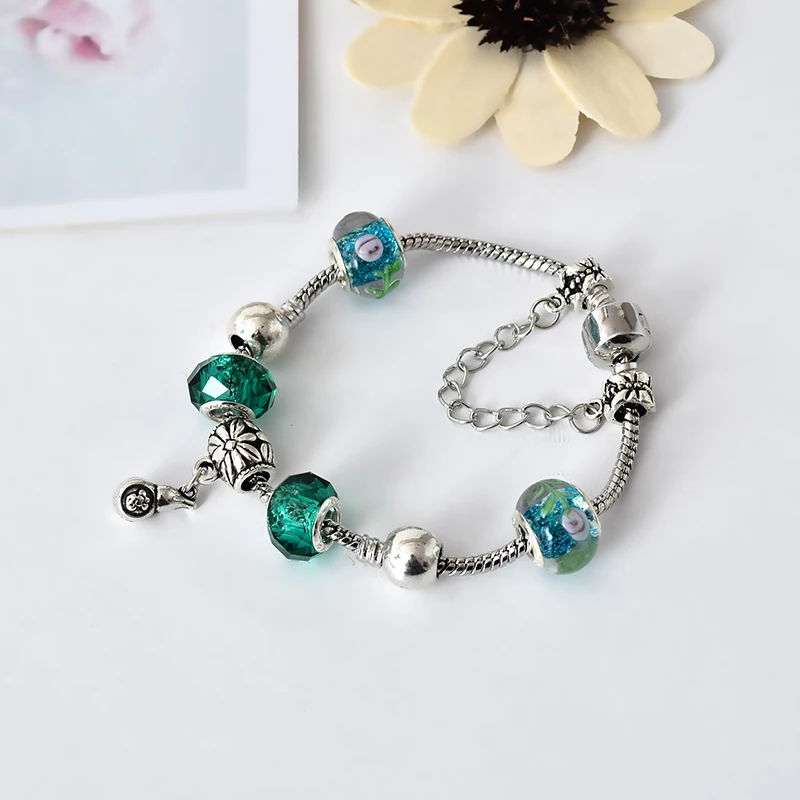 

DIY Green beads Stone Bracelets For Women Girls Handmade silver Beads Charm Bracelets Love Ethnic Jewelry freeshipping