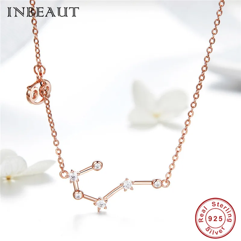 INBEAUT 925 пробы серебро розовое золото 12 созвездий весы Aries Циркон Стрелец с подвеской со знаком Рыб ожерелья для женщин