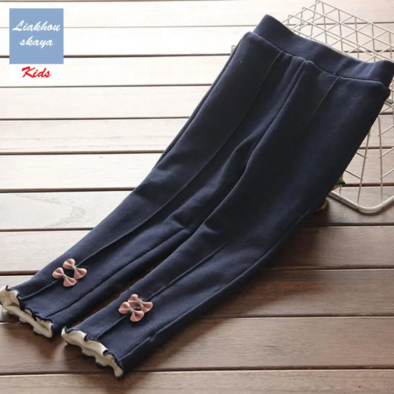 Navy For Winter Liakhouskaya/ г.; модные зимние теплые леггинсы с цветочным принтом для девочек; детские штаны с милым бантом; длинные штаны; брюки - Цвет: Navy For Winter