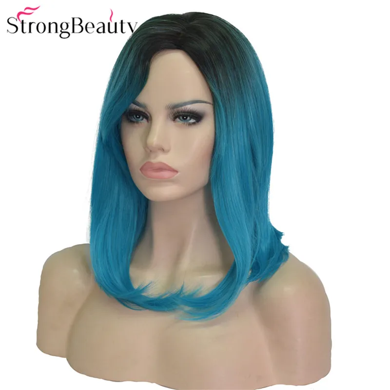 

Strong Beauty Straight Women's Wig Ombre Light Blue Bob Medium Long Hairstyle Synthetic Wigs