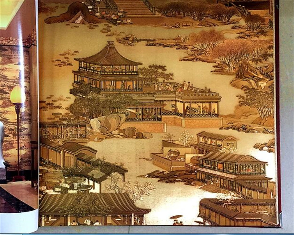 

beibehang Qingming Shanghe 3D wallpaper landscape natural silk fiber gold restaurant classical Chinese decorative wallpaper