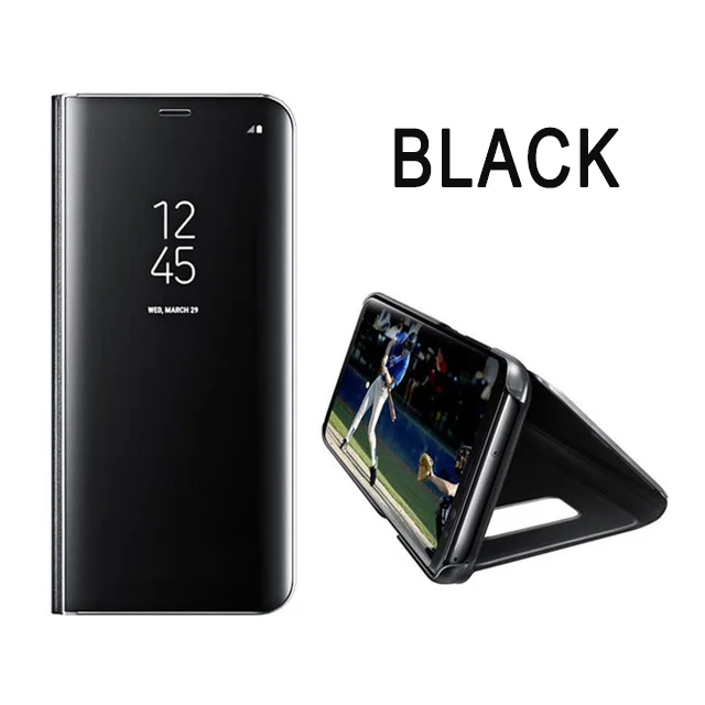 Роскошный кожаный умный зеркальный флип-чехол для телефона для samsung Galaxy S9 S8 Plus S7Edge S6Edge Note 8 J5 J7 чехол с прозрачным окошком - Цвет: BLACK