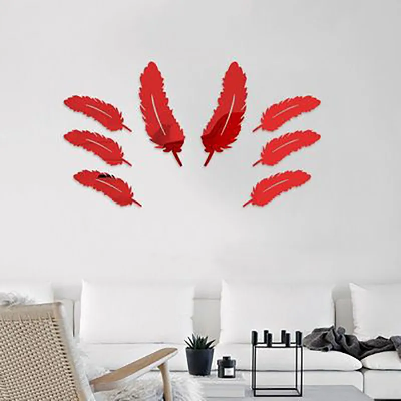 1 набор акриловых зеркальных настенных наклеек 3D в форме перьев DIY домашний декор