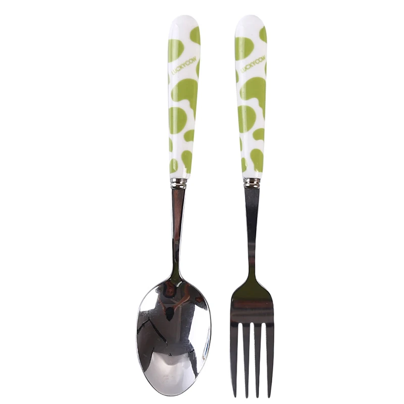 2PC green 3 шт./компл. прекрасный дизайн коровы керамическая ручка столовая посуда из нержавеющей стали и коробка для хранения Студенческая девочка мальчик для пикника обеденная посуда - Цвет: 2PC green
