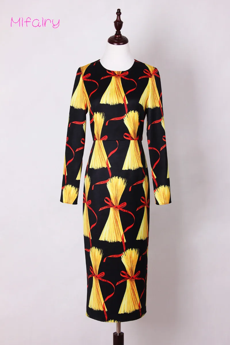 Мидж Фэйри Миланский подиум O-образный воротник Платье-тело на длинных рукавах для женщин Италия Noodies Print Бренд Те же стильные платья плюс размеры Вестидос.