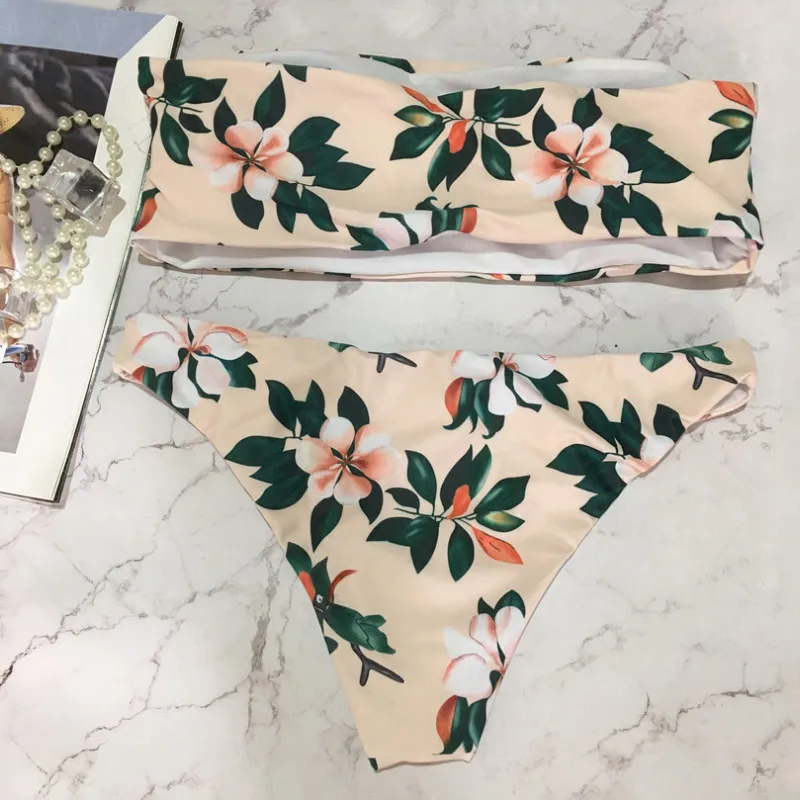 Sexy Bandeau Bikini 2018 Women Floral Printed Swimwear Tube Top Bathing Suit Low Waist Swimsuit Strapless Set Beach Wear |