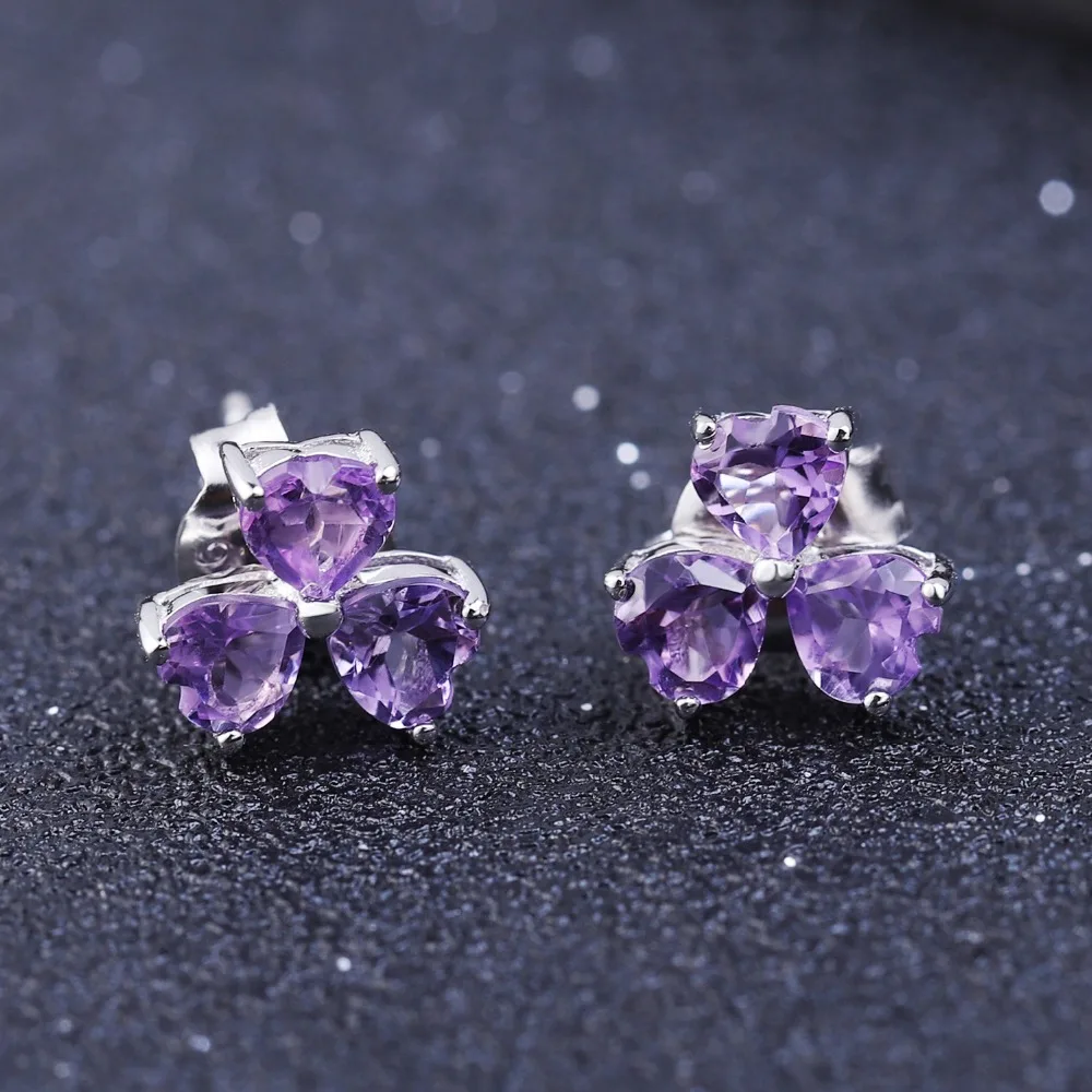 GEM'S BALLET 1.43Ct Natural Amethyst Heart Earrings 925 Sterling Silver Leaf Clover Stud for Women Fine Jewelry | Украшения и