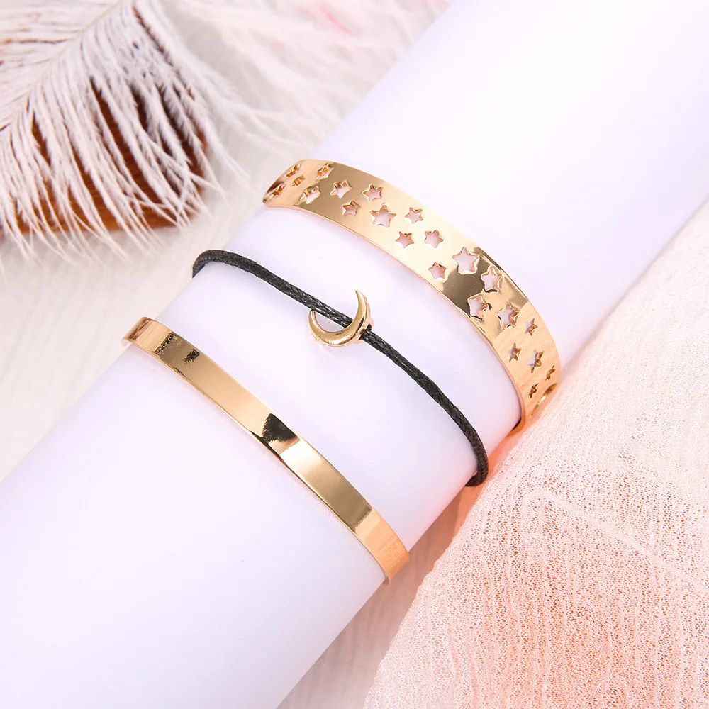 3 шт./компл. женские браслеты в стиле ретро с вырезом Звезда Луна регулируемые