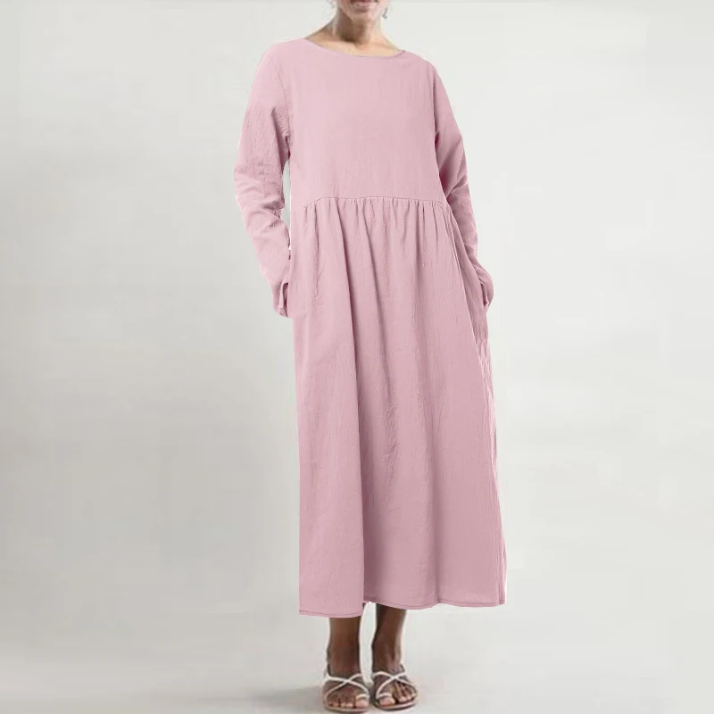 Long Sleeve Размера плюс ZANZEA летние женские повседневные однотонные с коротким рукавом из хлопка и льна вечерние свободные тонкие длинные платье-сарафан халат Femm - Цвет: Long Sleeve
