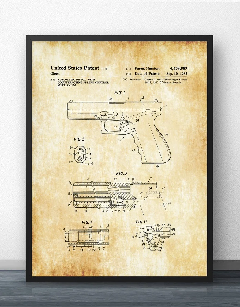 Пистолет Glock патент 1985 схема Настенная картина Настенный декор холст печать на