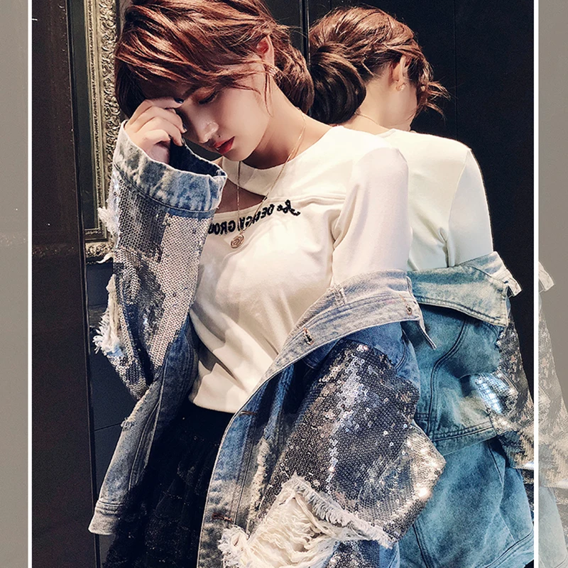 Куртка женская джинсовая ручной работы жакет из денима с блестками дырками