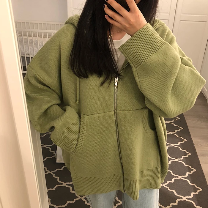 7 colors 2018 autumn and winter korean style loose big pocket zipper sweater knitted thicking cardigans womens (X862) |