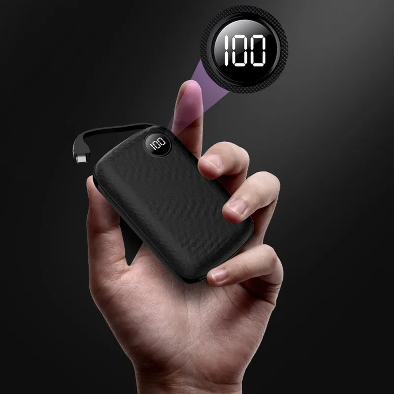 Мини банк питания 10000 мАч тонкий цифровой дисплей 2.1A Быстрая зарядка 2 в 1 Встроенный линейный портативный зарядное устройство банк питания для Iphone Xiaom