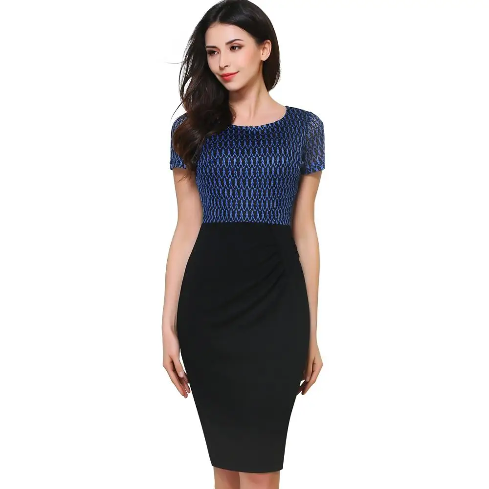 Blue and Black Nice-forever новые летние Винтаж чистая плетением в стиле пэчворк, одежда для работы, короткий рукав с О-образным вырезом облегающие Женские офисные Карандаш Тонкий платье B372 - Цвет: Blue and Black