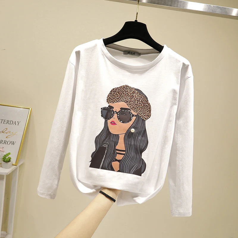 Женская хлопковая футболка с длинным рукавом S ~ 2XL свободный хлопковый топ
